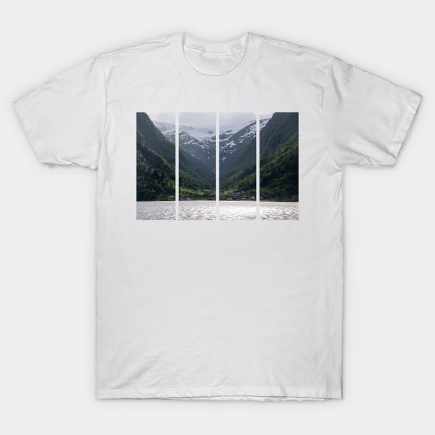 Wonderful landscapes in Norway. Vestland. Beautiful scenery of Buerbreen glacier. Sandvevatnet lake. Mountains, trees, rocks and houses in background. Cloudy day T-Shirt by fabbroni-art